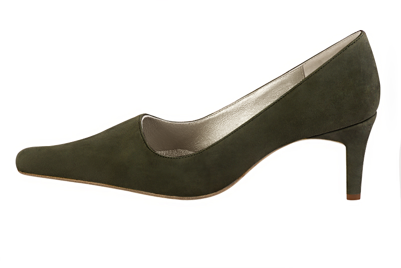 Khaki green women's dress pumps,with a square neckline. Pointed toe. Medium comma heels. Profile view - Florence KOOIJMAN